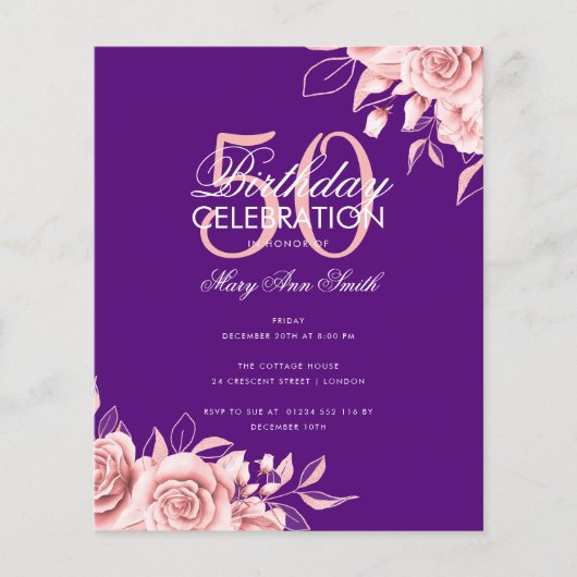 Begroting Floral Birthday Roos Gold & Paars Flyer (Voorkant)