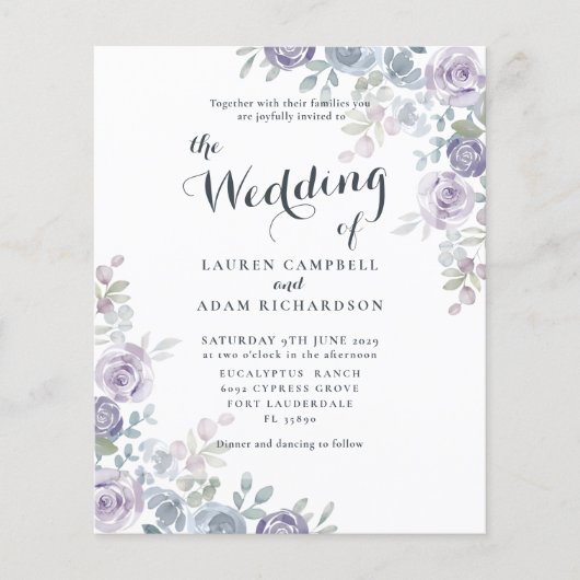 Begroting Floral Blue en Paarse bruiloft. (Voorkant)