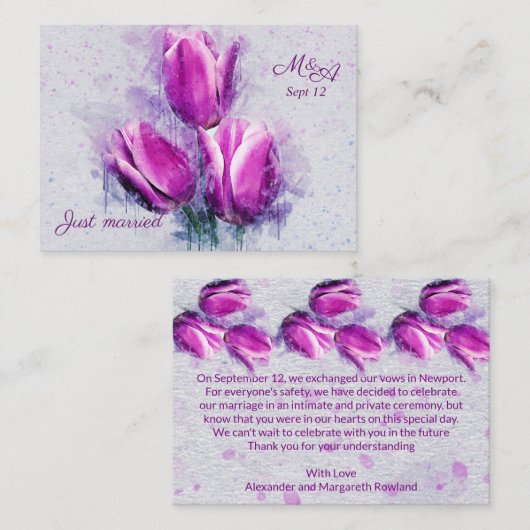 Begroting. Floral, fuchsia tlips Net getrouwd Notitiekaartje (Voorkant / Achterkant)