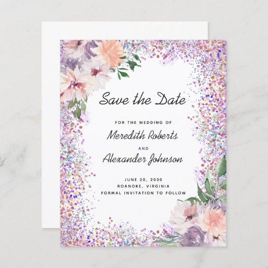 Begroting Floral Glitter QR Code Save the Date Kaa (Voorkant / Achterkant)