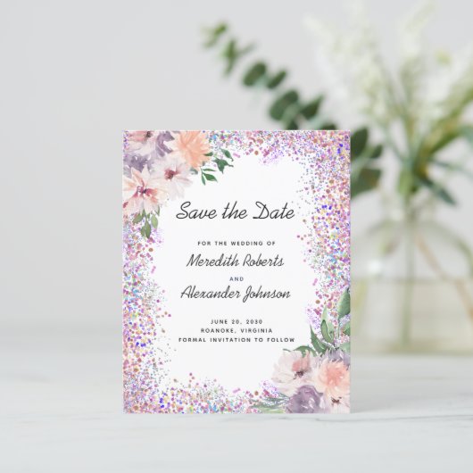 Begroting Floral Glitter QR Code Save the Date Kaa (Staand voorkant)