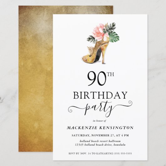 Begroting - Floral Gold High Heels 90th Birthday (Voorkant / Achterkant)