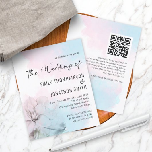 Begroting Floral Pink Blue Wash QR Wedding Invite