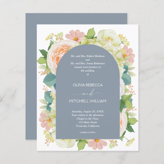 Begroting Floral QR Code Dusty Blue Wedding Invite (Voorkant / Achterkant)