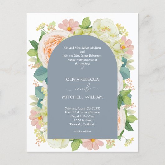 Begroting Floral QR Code Dusty Blue Wedding Invite (Voorkant)