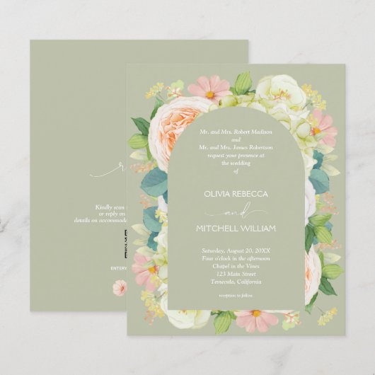 Begroting Floral QR Code Sage Green Wedding Invitt (Voorkant / Achterkant)