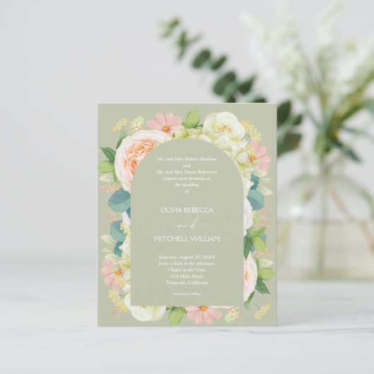Begroting Floral QR Code Sage Green Wedding Invitt (Staand voorkant)