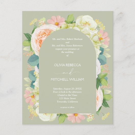 Begroting Floral QR Code Sage Green Wedding Invitt (Voorkant)