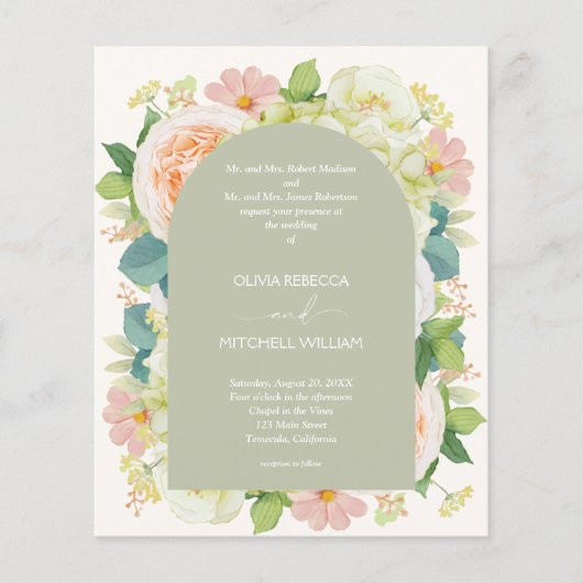 Begroting Floral QR Code Sage Green Wedding Invitt (Voorkant)