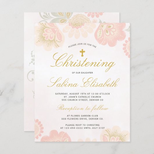 Begroting florale elegant Christening Uitnodiging (Voorkant / Achterkant)