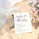 Begroting, gelukkig altijd na feestelijke fotowedd<br><div class="desc">Een moderne en minimale bruiloft aankondiging en receptie uitnodiging. Op de voorkant van deze budgetkaart staat "happily ever after party" in een chique kalligrafie-script, met de namen van het paar en de feestdetails links onder elkaar. Een eenvoudige zwart-wit bruiloft uitnodiging met elegante typografie. Op de achterkant van de kaarten staat...</div>