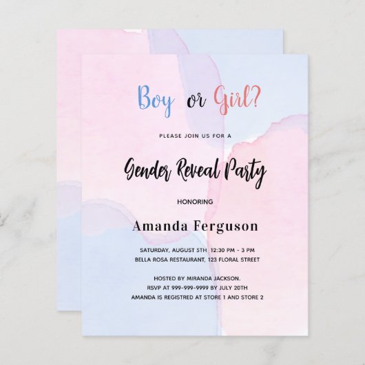 Begroting gender laat roze blauwe uitnodiging zien (Voorkant / Achterkant)