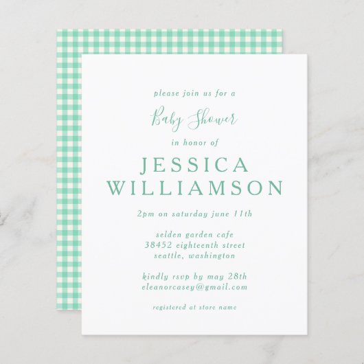 Begroting Gingham Pset in Mint Green Baby shower (Voorkant / Achterkant)