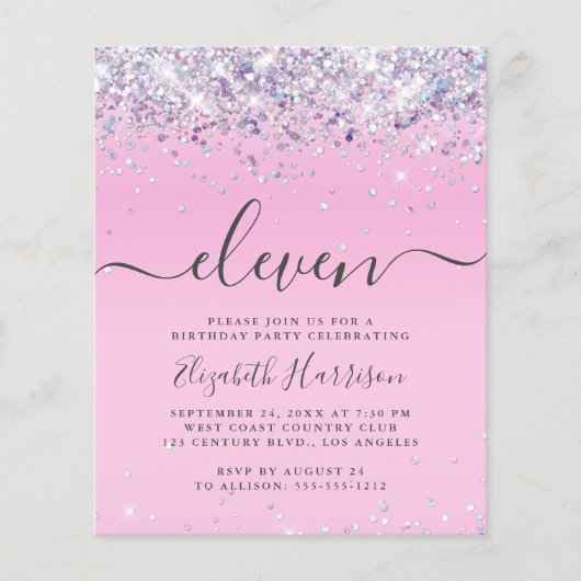 Begroting Glitter 11th Birthday Party Invitation (Voorkant)