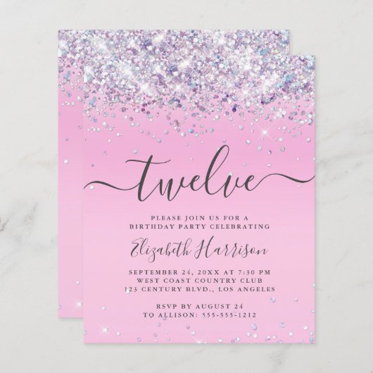 Begroting Glitter 12th Birthday Party Invitation (Voorkant / Achterkant)