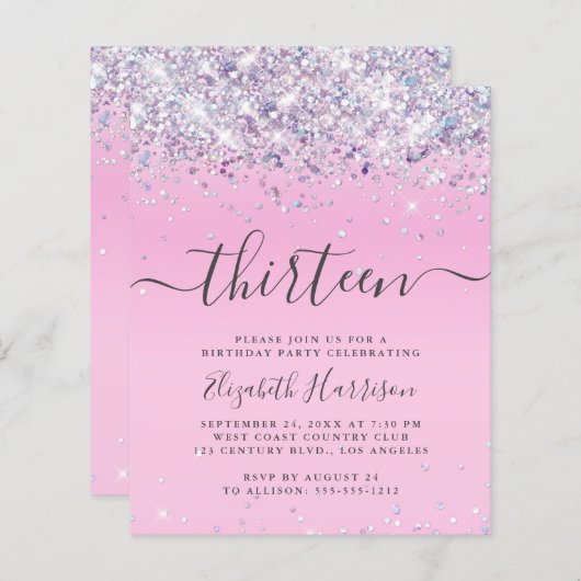 Begroting Glitter 13th Birthday Party Invitation (Voorkant / Achterkant)