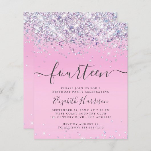 Begroting Glitter 14th Birthday Party Invitation (Voorkant / Achterkant)