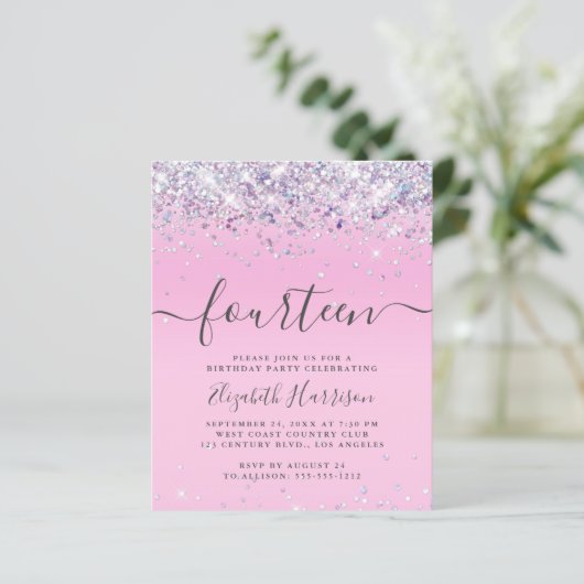 Begroting Glitter 14th Birthday Party Invitation (Staand voorkant)
