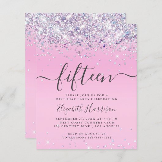Begroting Glitter 15th Birthday Party Invitation (Voorkant / Achterkant)
