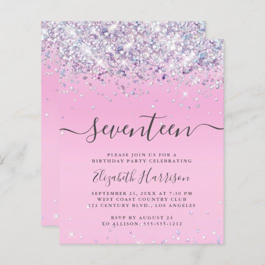 Begroting Glitter 17th Birthday Party Invitation (Voorkant / Achterkant)