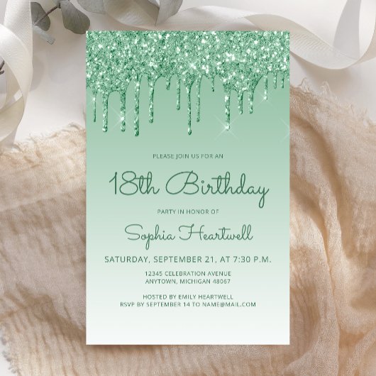 Begroting Glitter Drip Green 18th Birthday Invitat