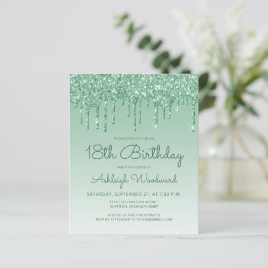 Begroting Glitter Drip Green 18th Birthday Invitat (Staand voorkant)