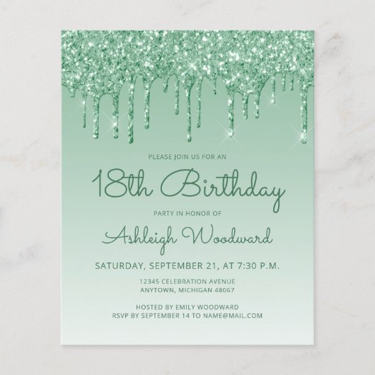 Begroting Glitter Drip Green 18th Birthday Invitat (Voorkant)