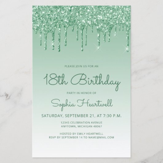 Begroting Glitter Drip Green 18th Birthday Invitat (Voorkant)
