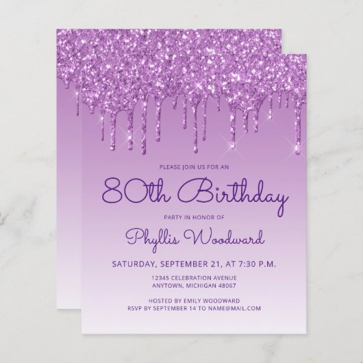 Begroting Glitter Drip Paars 80th Birthday Invite (Voorkant / Achterkant)