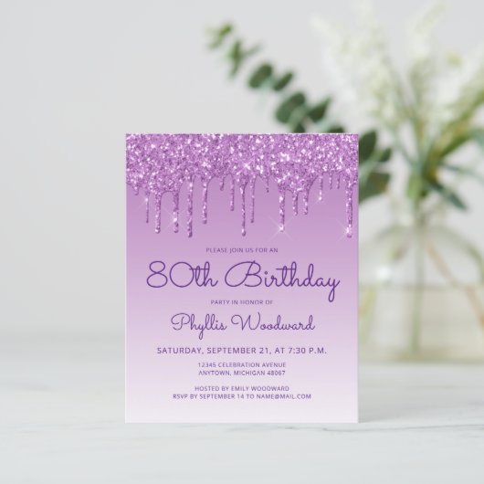 Begroting Glitter Drip Paars 80th Birthday Invite (Staand voorkant)