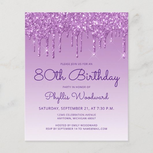 Begroting Glitter Drip Paars 80th Birthday Invite (Voorkant)
