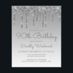 Begroting Glitter Drip Silver 90th Birthday<br><div class="desc">Deze trendy 90e verjaardagsuitnodiging is voorzien van een dunne zilveren faux glitter drip border and ombre background. De woorden "90th Birthday"en de naam van de gast van eer verschijnen in casual grijs handschrift manuscript, met de rest van de klantgerichte tekst in sans serif doopvont. Aan de achterzijde wordt hetzelfde zilveren...</div>