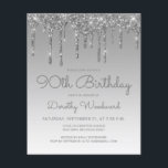 Begroting Glitter Drip Silver 90th Birthday<br><div class="desc">Deze trendy 90e verjaardagsuitnodiging is voorzien van een dunne zilveren faux glitter drip border and ombre background. De woorden "90th Birthday"en de naam van de gast van eer verschijnen in casual grijs handschrift manuscript, met de rest van de klantgerichte tekst in sans serif doopvont. Aan de achterzijde wordt hetzelfde zilveren...</div>