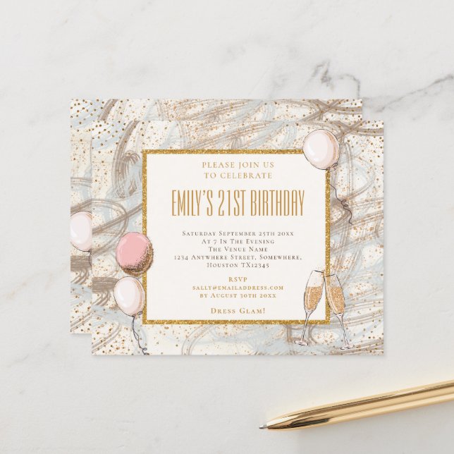 Begroting Glitter Girl 21st Party Birthday Invitat (Voorkant / Achterkant in situ)