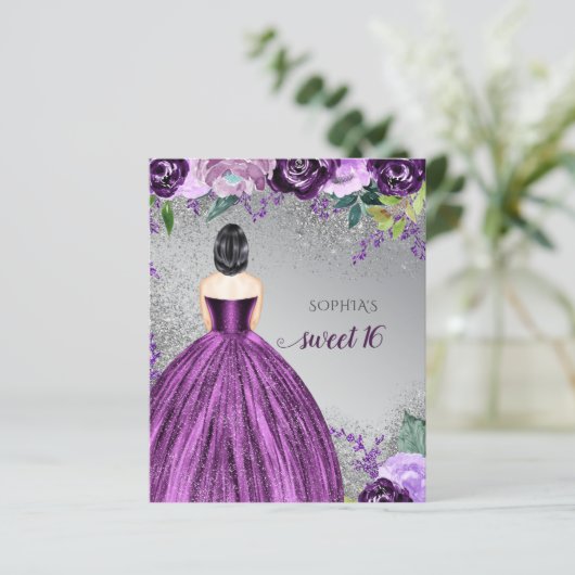 Begroting Glitter Paarse Dress Sweet 16 Uitnodigin (Staand voorkant)