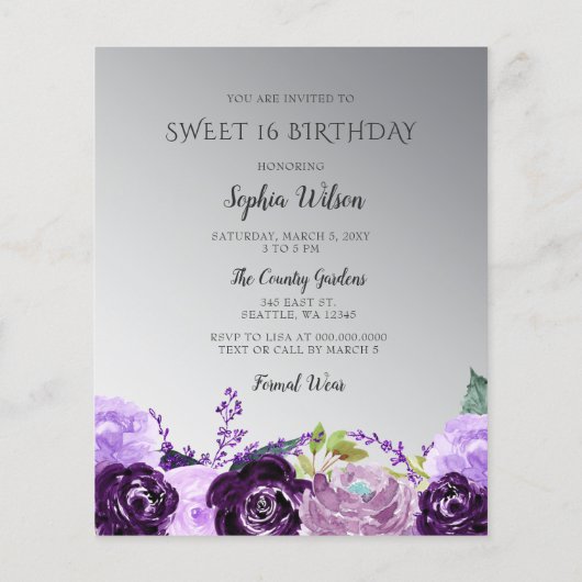 Begroting Glitter Paarse Dress Sweet 16 Uitnodigin (Achterkant)