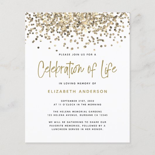 BEGROTING Gold Glitter Celebration of Life Invitat (Voorkant)