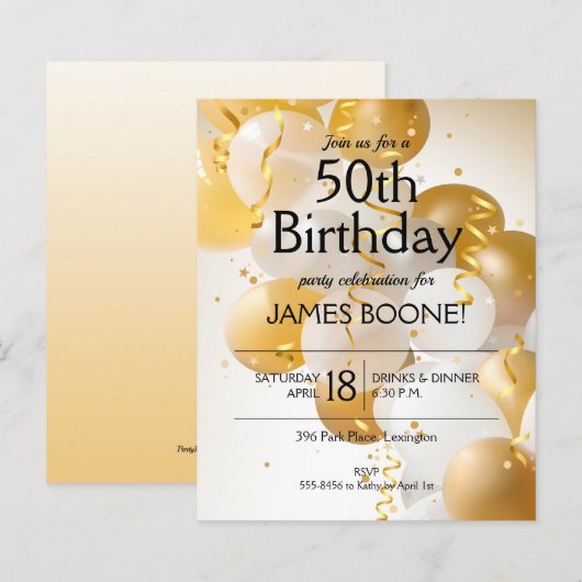 Begroting Gold White Balloons - Birthday - uitnodi (Voorkant / Achterkant)