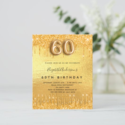 Begroting goudglitter-uitnodiging voor 60e verjaar (Staand voorkant)