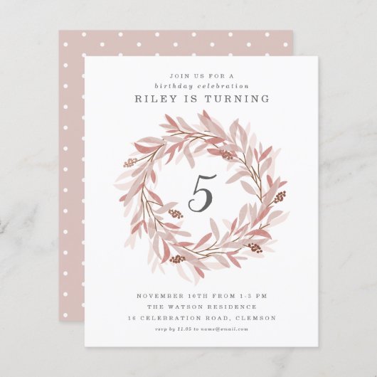 Begroting Greenery Wreath Kids Birthday Uitnodigin (Voorkant / Achterkant)