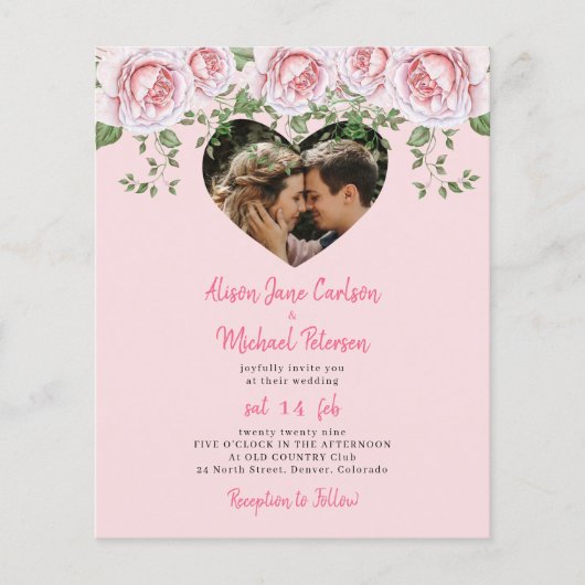 Begroting hartfoto roze florale huwelijkuitnodigin flyer (Voorkant)
