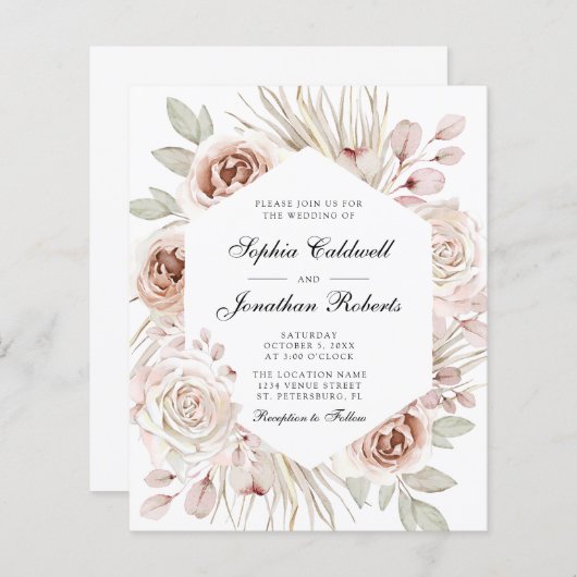 Begroting helemaal in één boho roze rozen huwelijk (Voorkant / Achterkant)