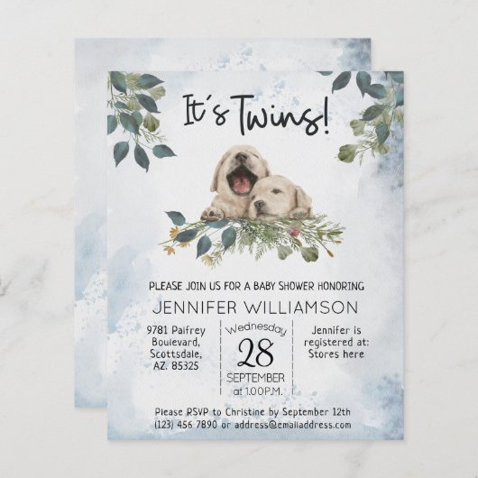 Begroting Het is Twins. Puppy Waterverf Baby showe (Voorkant / Achterkant)