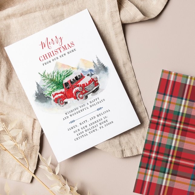 Begroting kerstfeestdag aankondiging (Plaid Red Truck Rustic Holiday Moving Announcement)