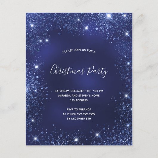 Begroting kerstfeestdag blauwe glitter uitnodiging (Voorkant)