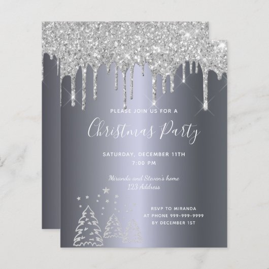 Begroting kerstfeestfeest zilveren glitter-uitnodi (Voorkant / Achterkant)