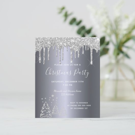 Begroting kerstfeestfeest zilveren glitter-uitnodi (Staand voorkant)