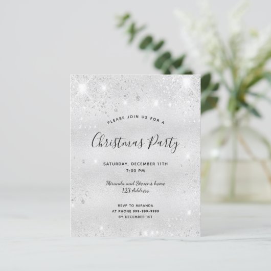 Begroting kerstfeestfeest zilveren glitter-uitnodi (Staand voorkant)