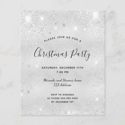 Begroting kerstfeestfeest zilveren glitter-uitnodi (Voorkant)