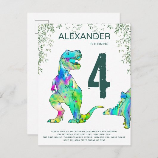 Begroting kleurrijke T Rex Birthday Uitnodiging Briefkaart (Voorkant / Achterkant)